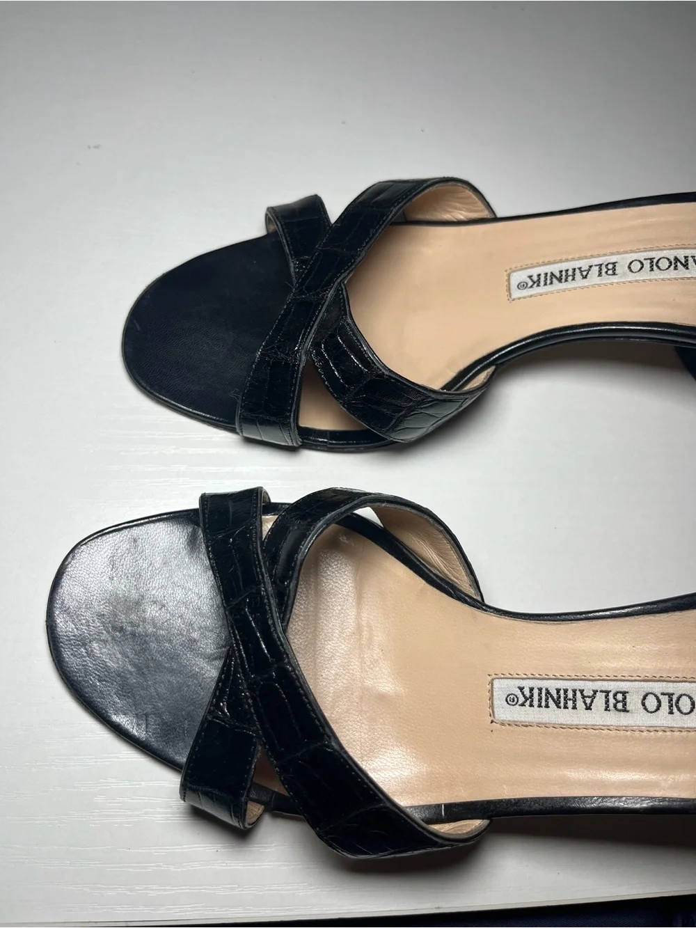 Manolo Blahnik Black Cross-Strap Leather Slide Heels